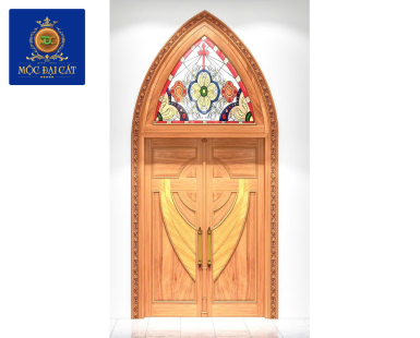 Cửa Gỗ Tự Nhiên Vòm Nhọn Kính Hoa Văn Nghệ Thuật