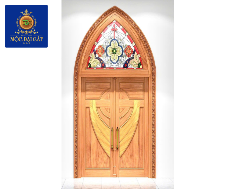 Cửa Gỗ Tự Nhiên Vòm Nhọn Kính Hoa Văn Nghệ Thuật